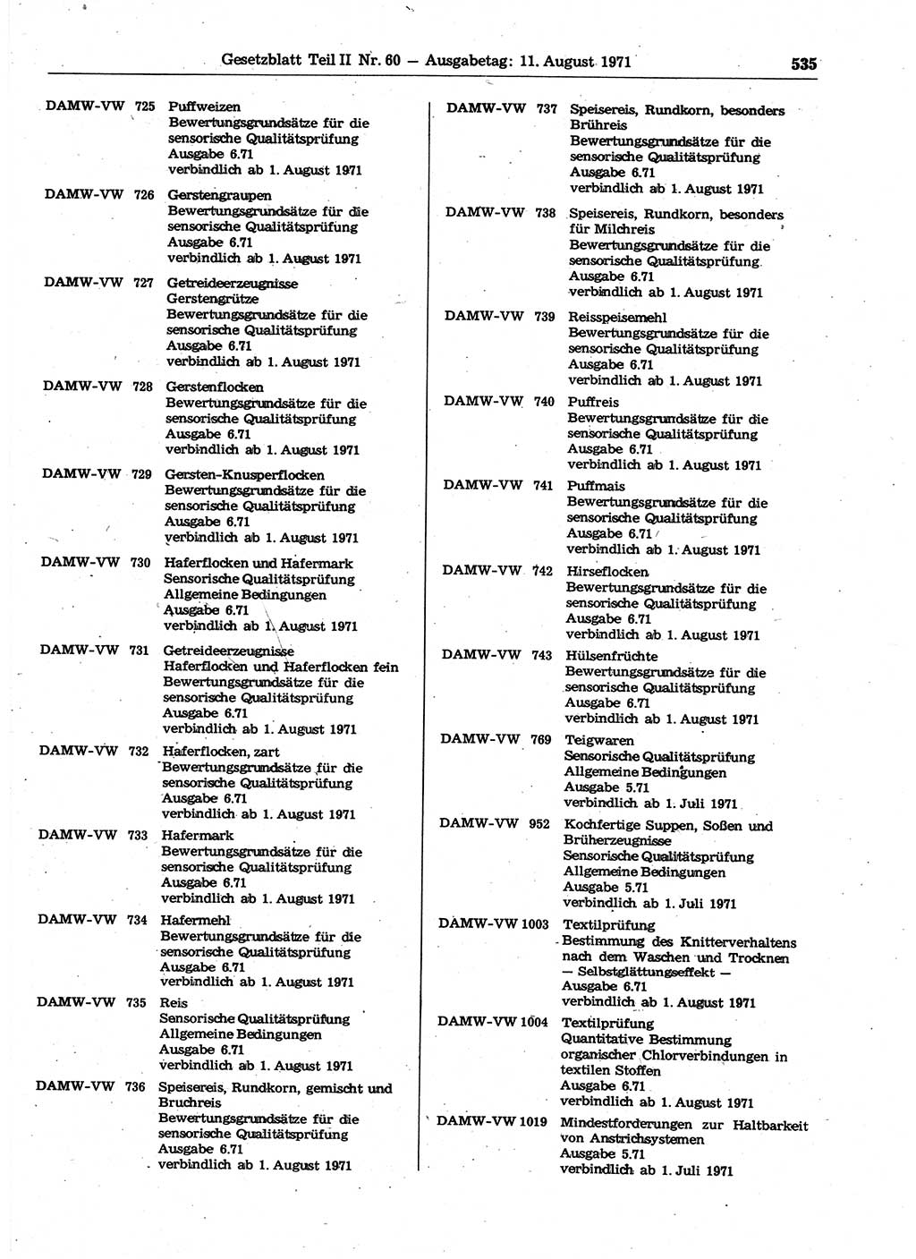 Gesetzblatt (GBl.) der Deutschen Demokratischen Republik (DDR) Teil ⅠⅠ 1971, Seite 535 (GBl. DDR ⅠⅠ 1971, S. 535)