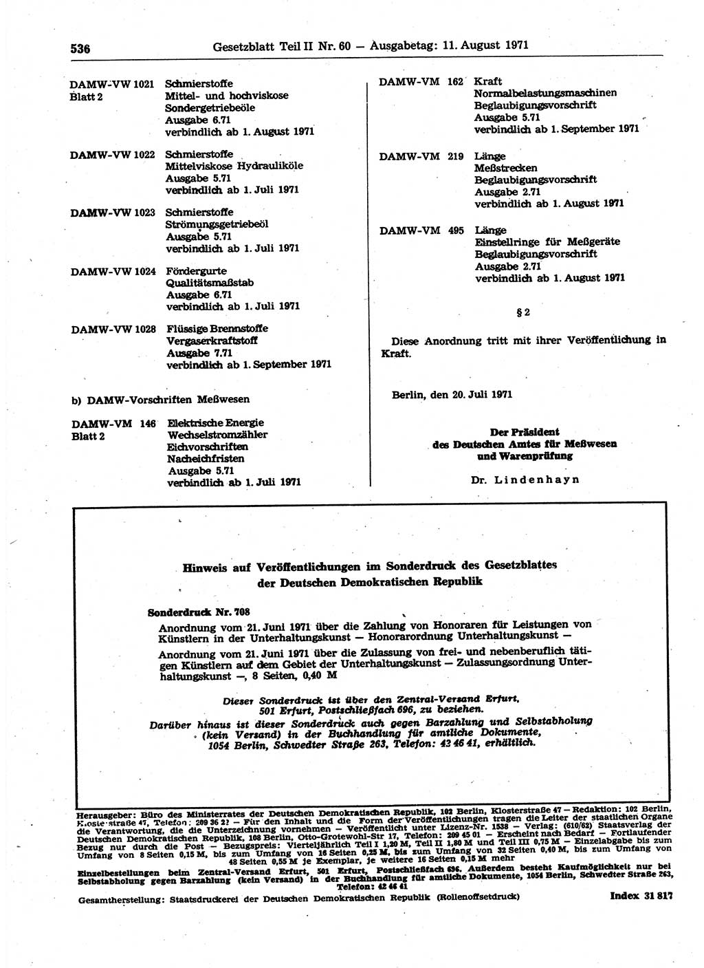 Gesetzblatt (GBl.) der Deutschen Demokratischen Republik (DDR) Teil ⅠⅠ 1971, Seite 536 (GBl. DDR ⅠⅠ 1971, S. 536)
