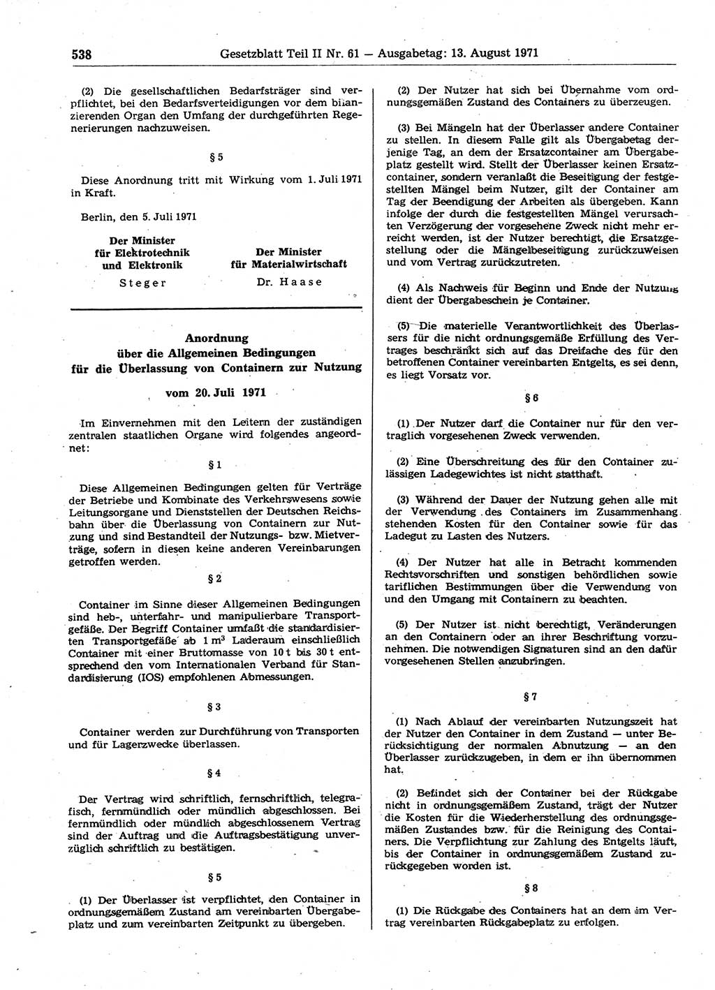 Gesetzblatt (GBl.) der Deutschen Demokratischen Republik (DDR) Teil ⅠⅠ 1971, Seite 538 (GBl. DDR ⅠⅠ 1971, S. 538)