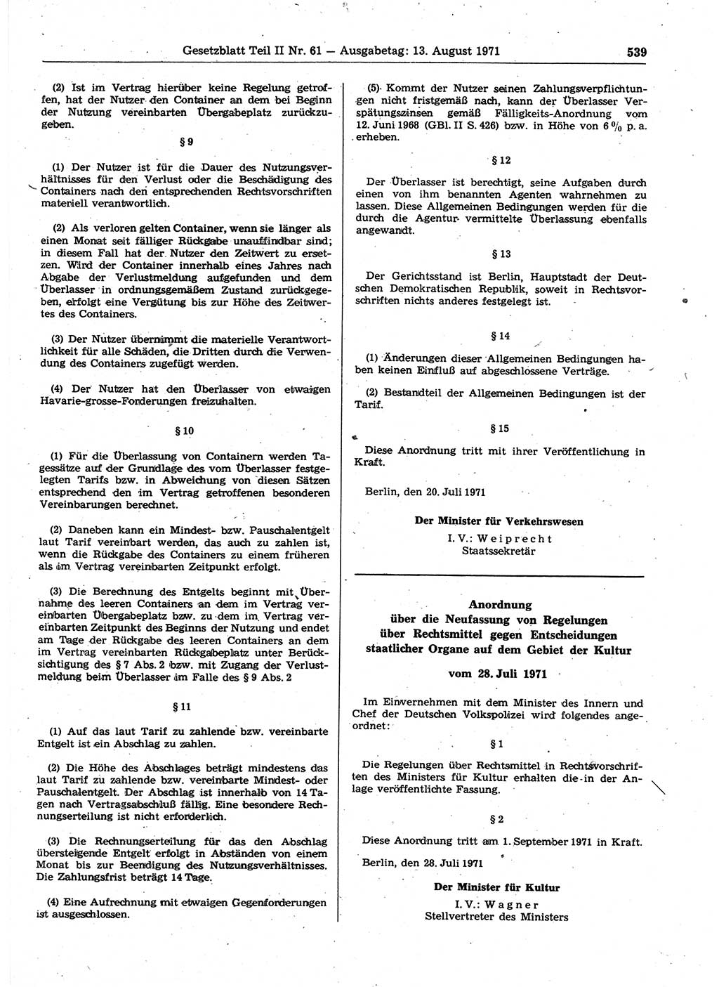 Gesetzblatt (GBl.) der Deutschen Demokratischen Republik (DDR) Teil ⅠⅠ 1971, Seite 539 (GBl. DDR ⅠⅠ 1971, S. 539)