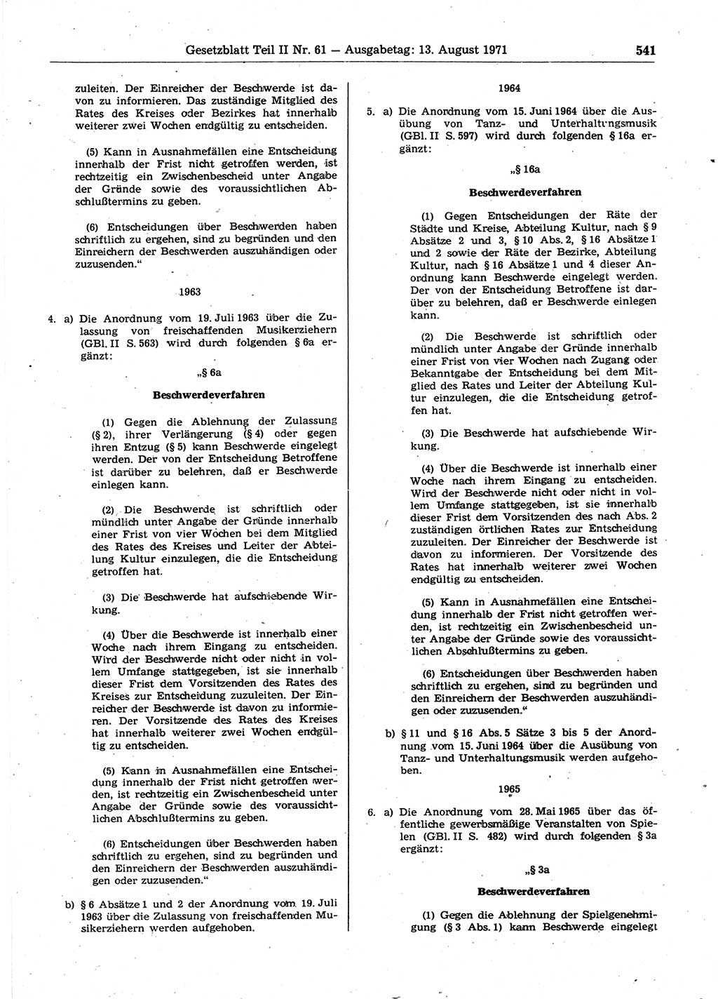 Gesetzblatt (GBl.) der Deutschen Demokratischen Republik (DDR) Teil ⅠⅠ 1971, Seite 541 (GBl. DDR ⅠⅠ 1971, S. 541)