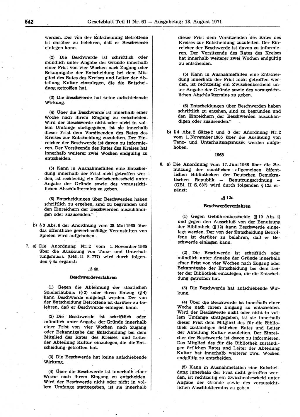 Gesetzblatt (GBl.) der Deutschen Demokratischen Republik (DDR) Teil ⅠⅠ 1971, Seite 542 (GBl. DDR ⅠⅠ 1971, S. 542)