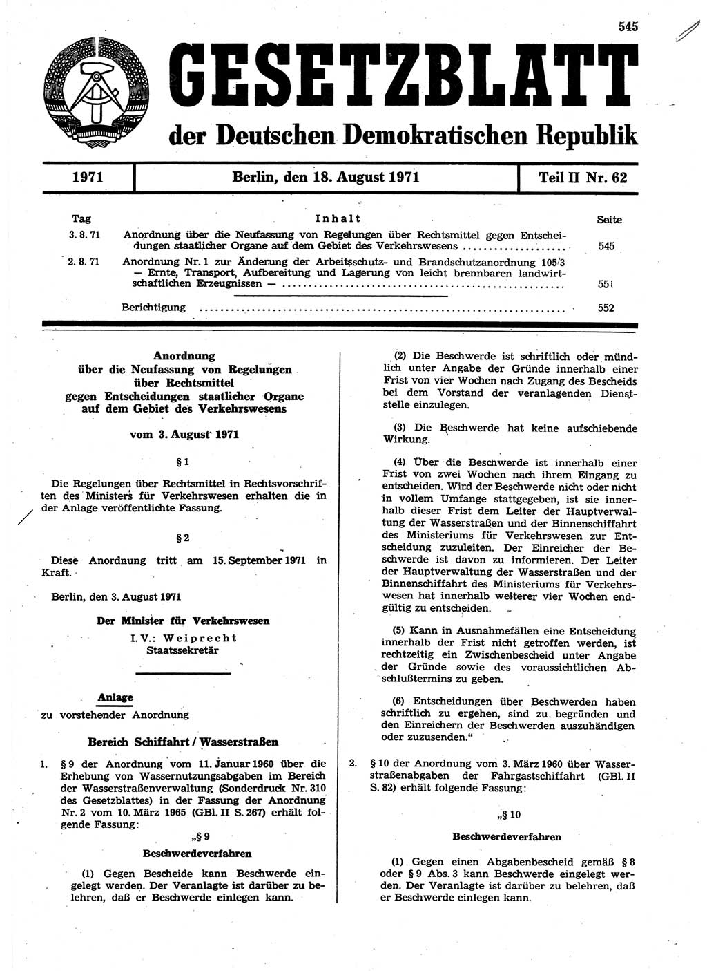 Gesetzblatt (GBl.) der Deutschen Demokratischen Republik (DDR) Teil ⅠⅠ 1971, Seite 545 (GBl. DDR ⅠⅠ 1971, S. 545)
