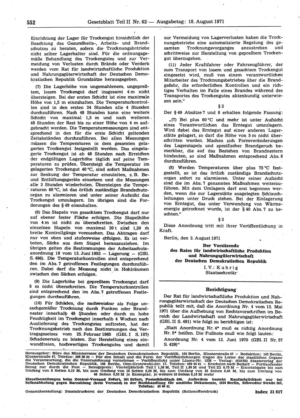 Gesetzblatt (GBl.) der Deutschen Demokratischen Republik (DDR) Teil ⅠⅠ 1971, Seite 552 (GBl. DDR ⅠⅠ 1971, S. 552)
