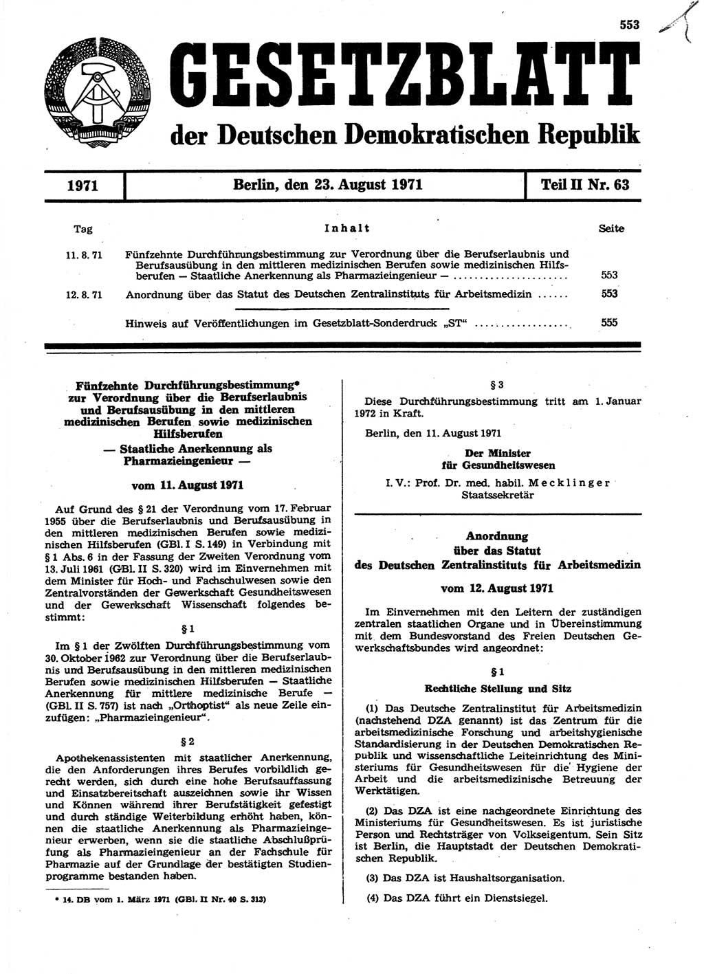 Gesetzblatt (GBl.) der Deutschen Demokratischen Republik (DDR) Teil ⅠⅠ 1971, Seite 553 (GBl. DDR ⅠⅠ 1971, S. 553)