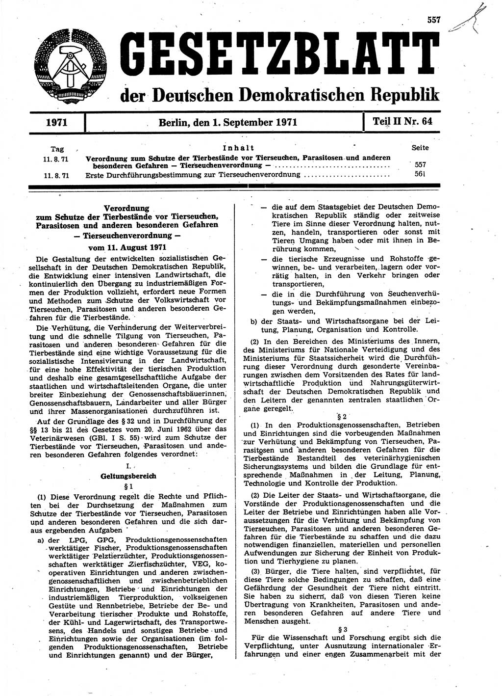 Gesetzblatt (GBl.) der Deutschen Demokratischen Republik (DDR) Teil ⅠⅠ 1971, Seite 557 (GBl. DDR ⅠⅠ 1971, S. 557)