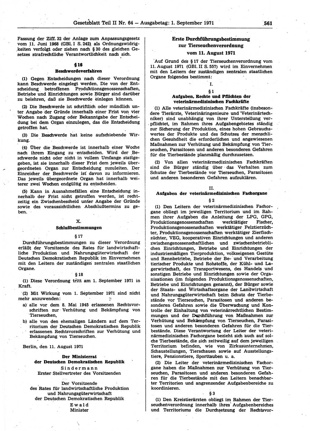 Gesetzblatt (GBl.) der Deutschen Demokratischen Republik (DDR) Teil ⅠⅠ 1971, Seite 561 (GBl. DDR ⅠⅠ 1971, S. 561)