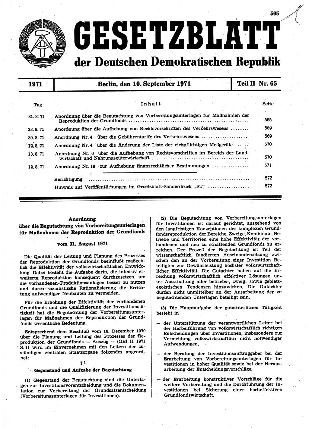 Gesetzblatt (GBl.) der Deutschen Demokratischen Republik (DDR) Teil ⅠⅠ 1971, Seite 565 (GBl. DDR ⅠⅠ 1971, S. 565)