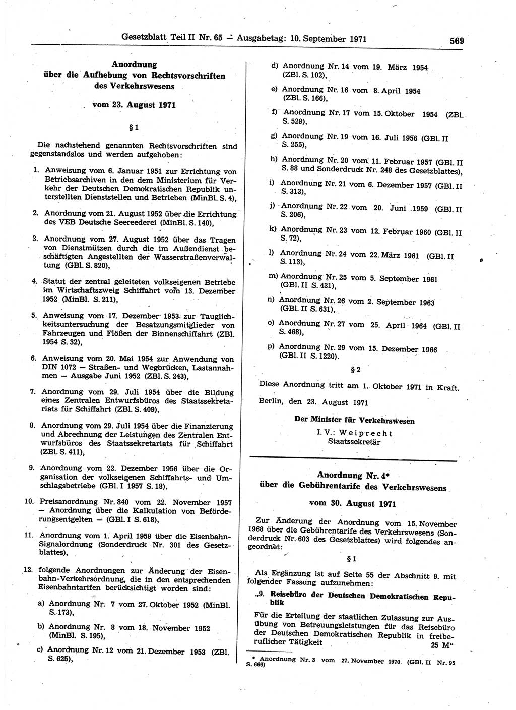 Gesetzblatt (GBl.) der Deutschen Demokratischen Republik (DDR) Teil ⅠⅠ 1971, Seite 569 (GBl. DDR ⅠⅠ 1971, S. 569)