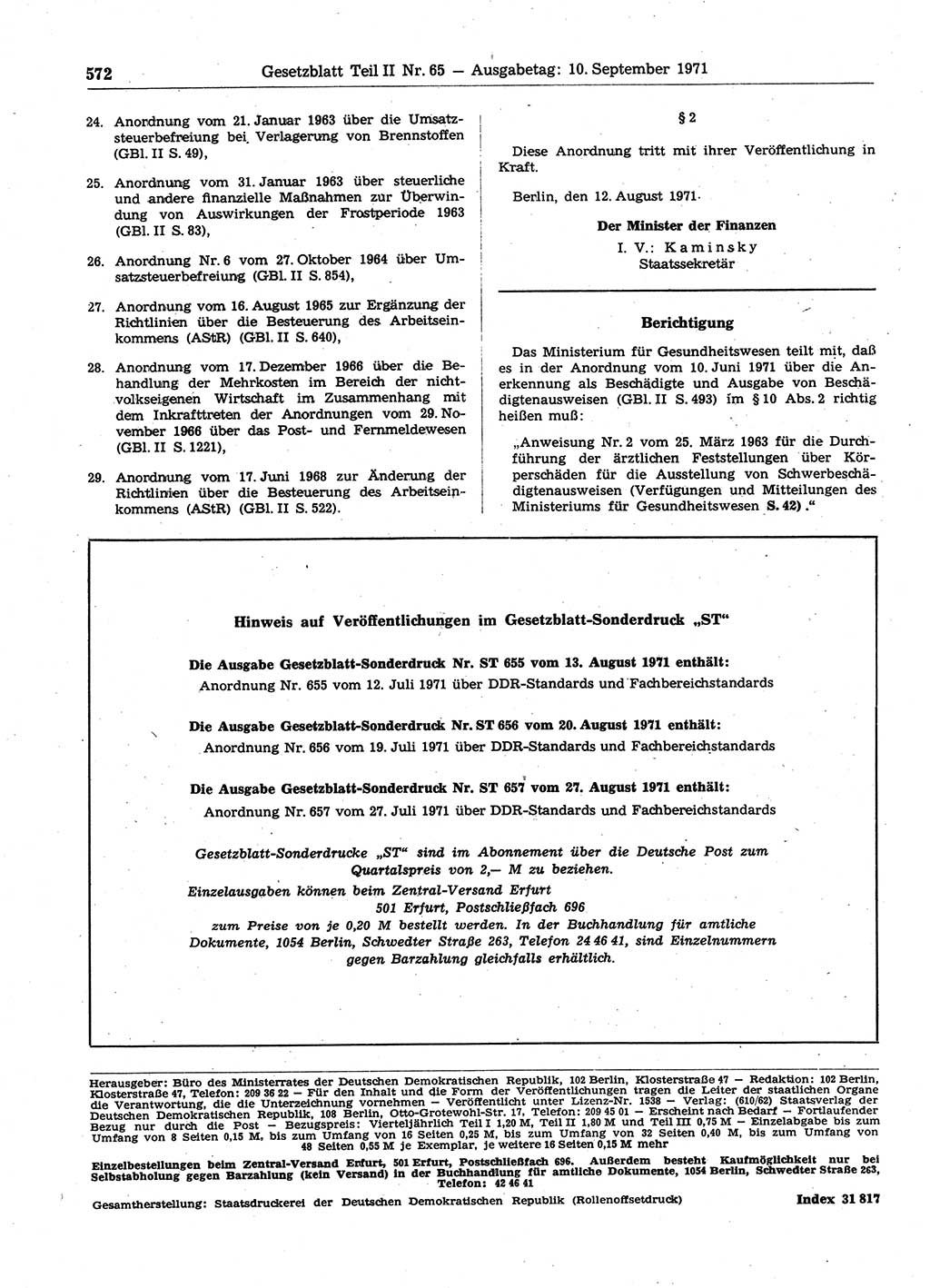 Gesetzblatt (GBl.) der Deutschen Demokratischen Republik (DDR) Teil ⅠⅠ 1971, Seite 572 (GBl. DDR ⅠⅠ 1971, S. 572)