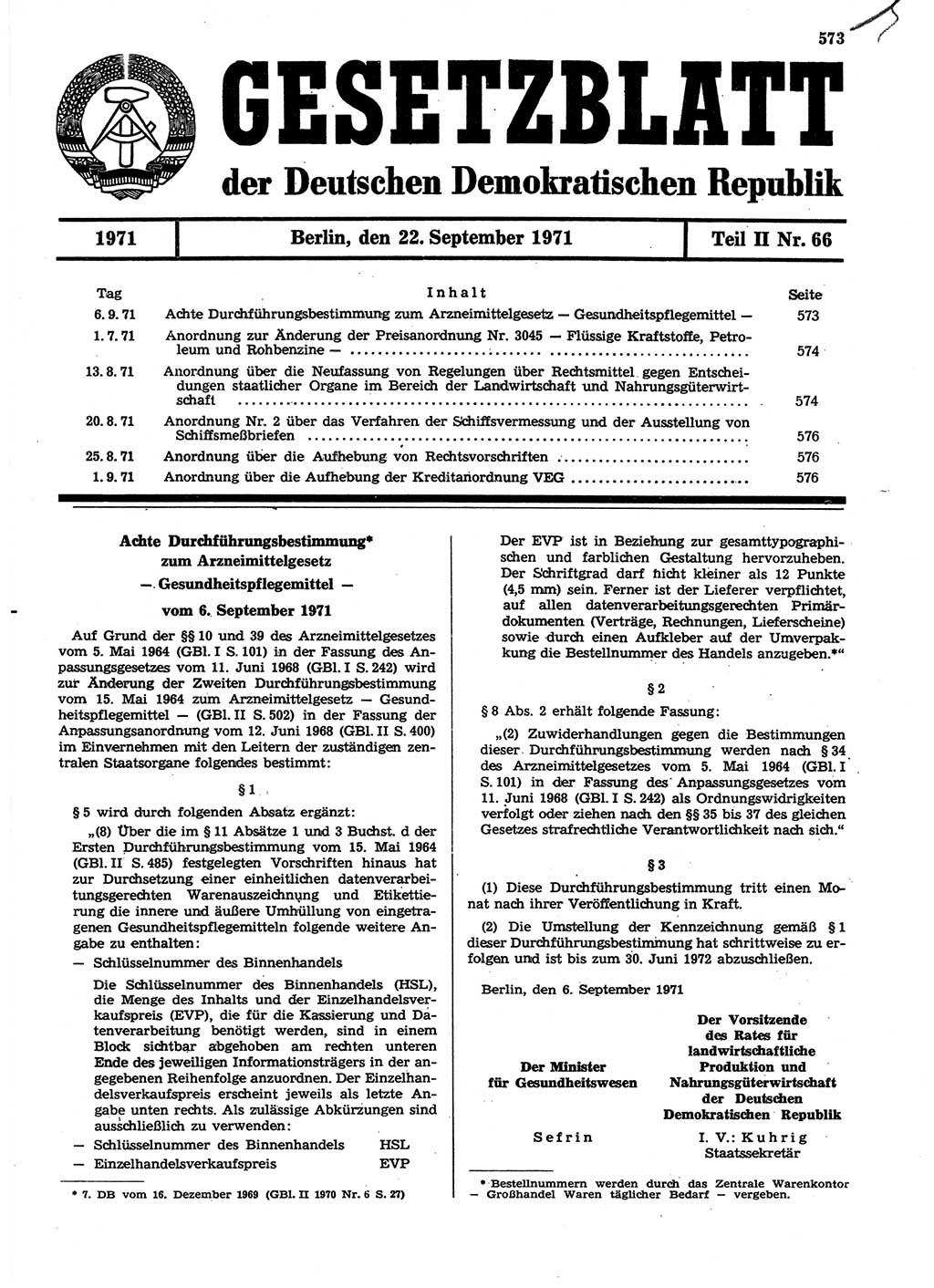 Gesetzblatt (GBl.) der Deutschen Demokratischen Republik (DDR) Teil ⅠⅠ 1971, Seite 573 (GBl. DDR ⅠⅠ 1971, S. 573)