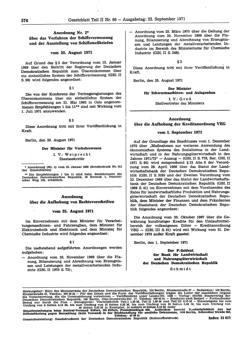 Gesetzblatt (GBl.) der Deutschen Demokratischen Republik (DDR) Teil ⅠⅠ 1971, Seite 576 (GBl. DDR ⅠⅠ 1971, S. 576)