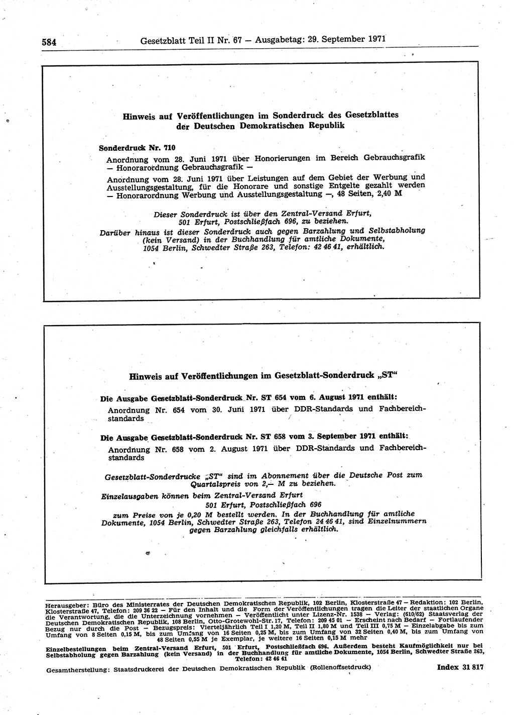 Gesetzblatt (GBl.) der Deutschen Demokratischen Republik (DDR) Teil ⅠⅠ 1971, Seite 584 (GBl. DDR ⅠⅠ 1971, S. 584)