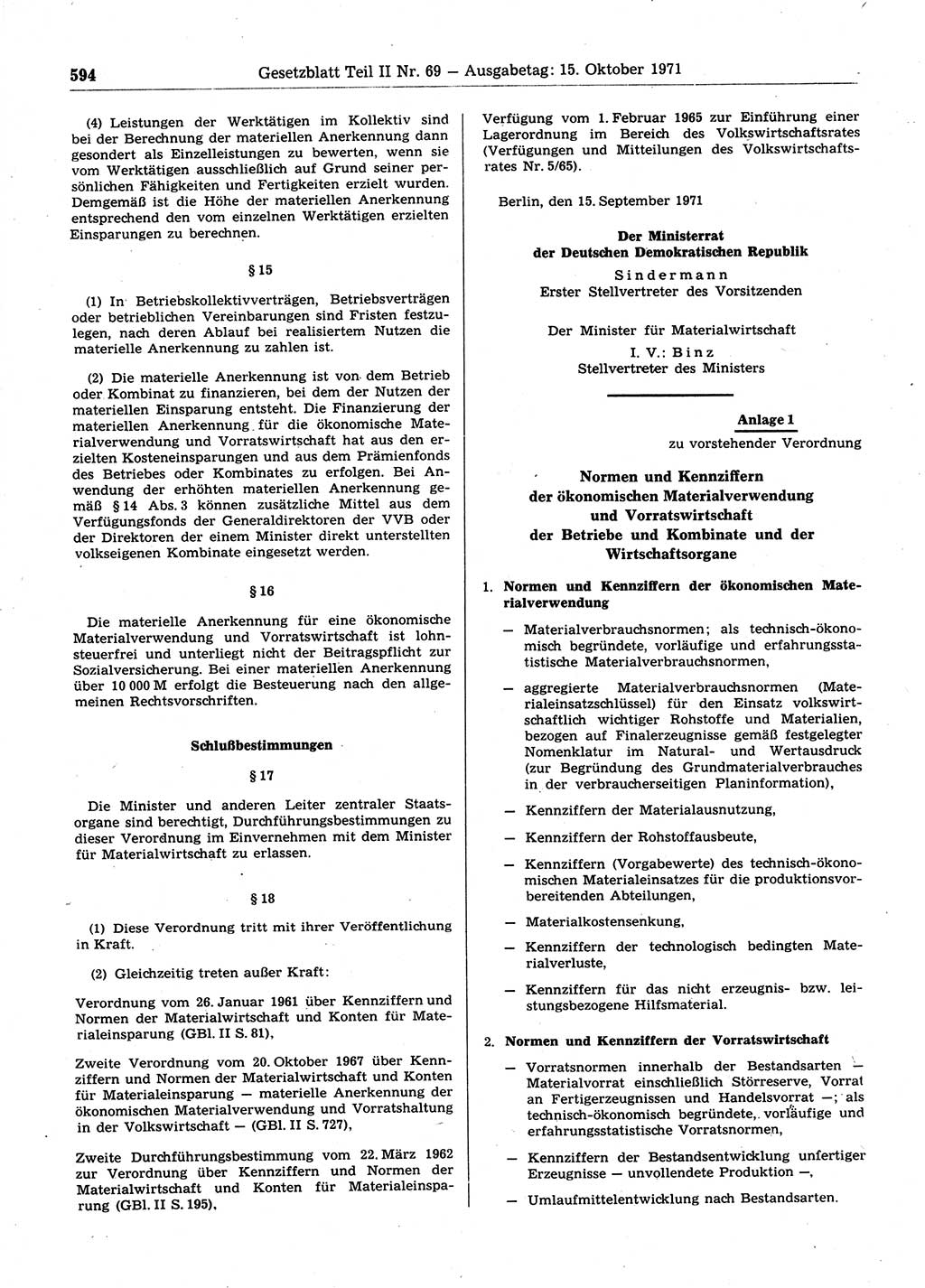 Gesetzblatt (GBl.) der Deutschen Demokratischen Republik (DDR) Teil ⅠⅠ 1971, Seite 594 (GBl. DDR ⅠⅠ 1971, S. 594)