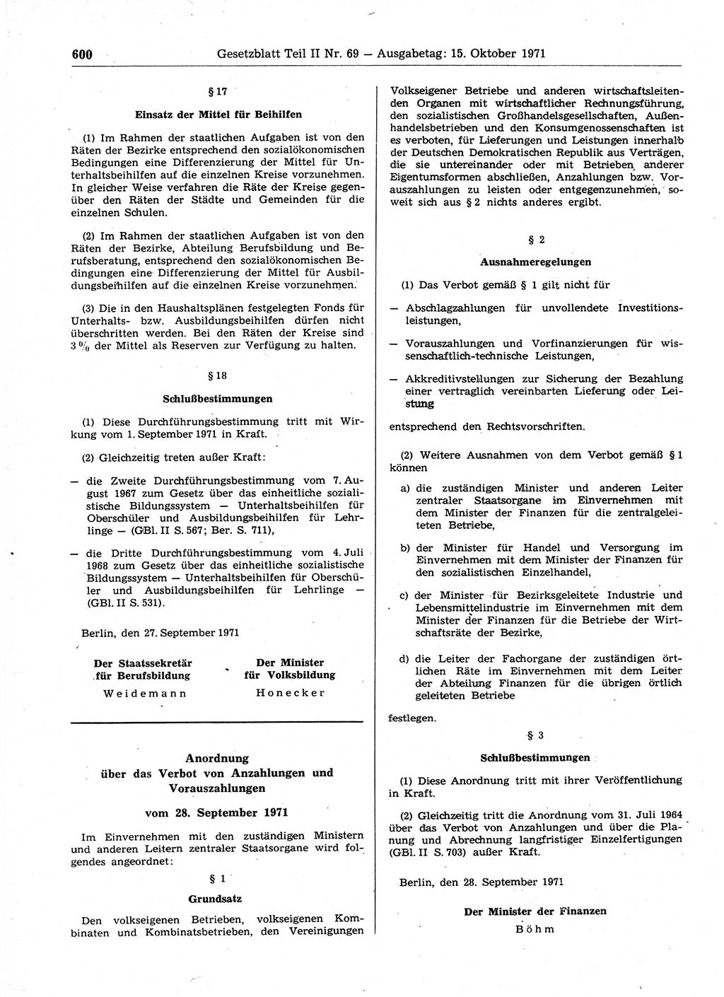 Gesetzblatt (GBl.) der Deutschen Demokratischen Republik (DDR) Teil ⅠⅠ 1971, Seite 600 (GBl. DDR ⅠⅠ 1971, S. 600)