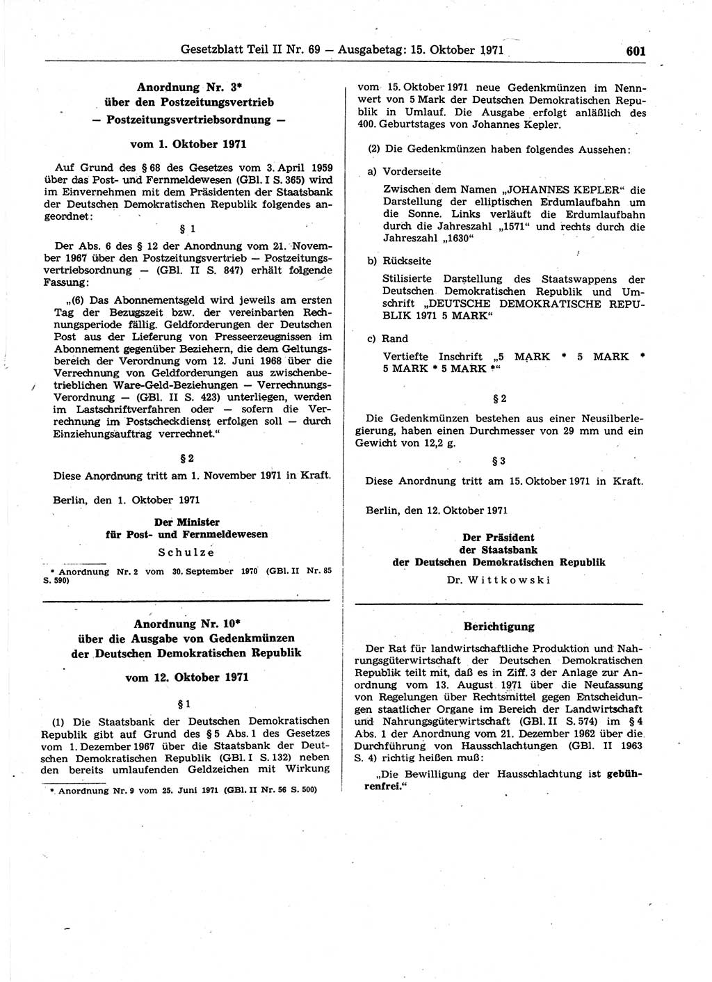 Gesetzblatt (GBl.) der Deutschen Demokratischen Republik (DDR) Teil ⅠⅠ 1971, Seite 601 (GBl. DDR ⅠⅠ 1971, S. 601)