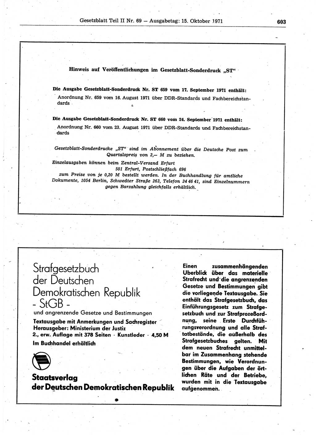 Gesetzblatt (GBl.) der Deutschen Demokratischen Republik (DDR) Teil ⅠⅠ 1971, Seite 603 (GBl. DDR ⅠⅠ 1971, S. 603)
