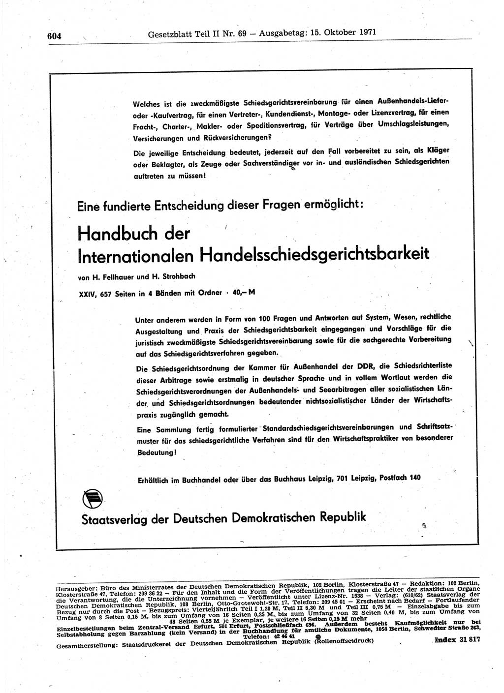 Gesetzblatt (GBl.) der Deutschen Demokratischen Republik (DDR) Teil ⅠⅠ 1971, Seite 604 (GBl. DDR ⅠⅠ 1971, S. 604)