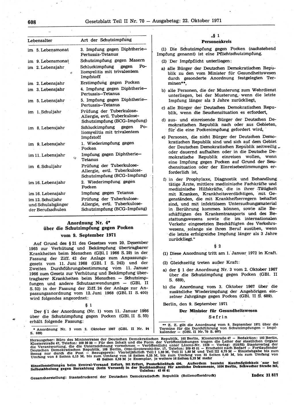 Gesetzblatt (GBl.) der Deutschen Demokratischen Republik (DDR) Teil ⅠⅠ 1971, Seite 608 (GBl. DDR ⅠⅠ 1971, S. 608)