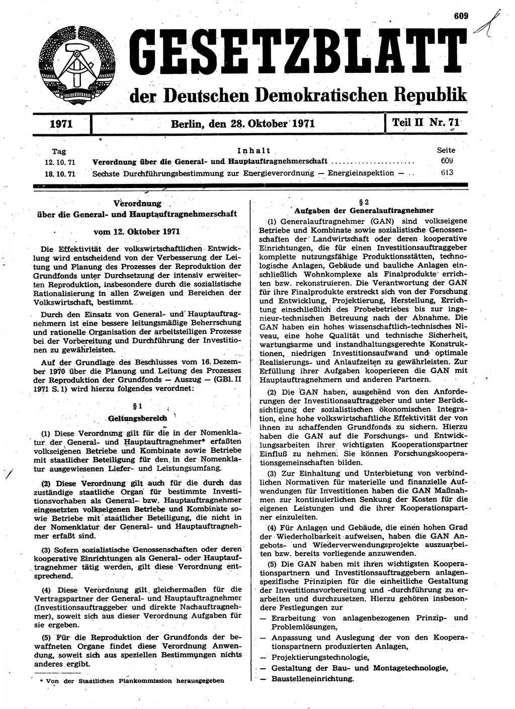 Gesetzblatt (GBl.) der Deutschen Demokratischen Republik (DDR) Teil ⅠⅠ 1971, Seite 609 (GBl. DDR ⅠⅠ 1971, S. 609)