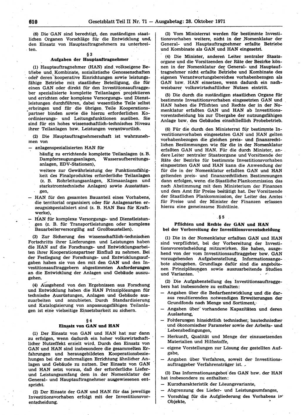 Gesetzblatt (GBl.) der Deutschen Demokratischen Republik (DDR) Teil ⅠⅠ 1971, Seite 610 (GBl. DDR ⅠⅠ 1971, S. 610)