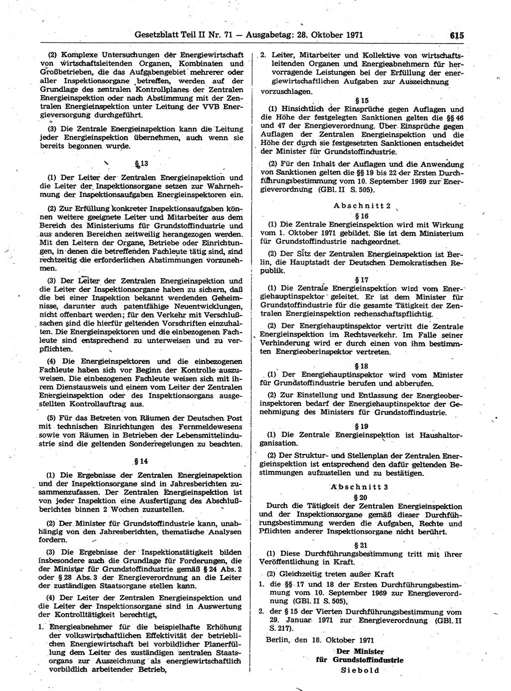 Gesetzblatt (GBl.) der Deutschen Demokratischen Republik (DDR) Teil ⅠⅠ 1971, Seite 615 (GBl. DDR ⅠⅠ 1971, S. 615)