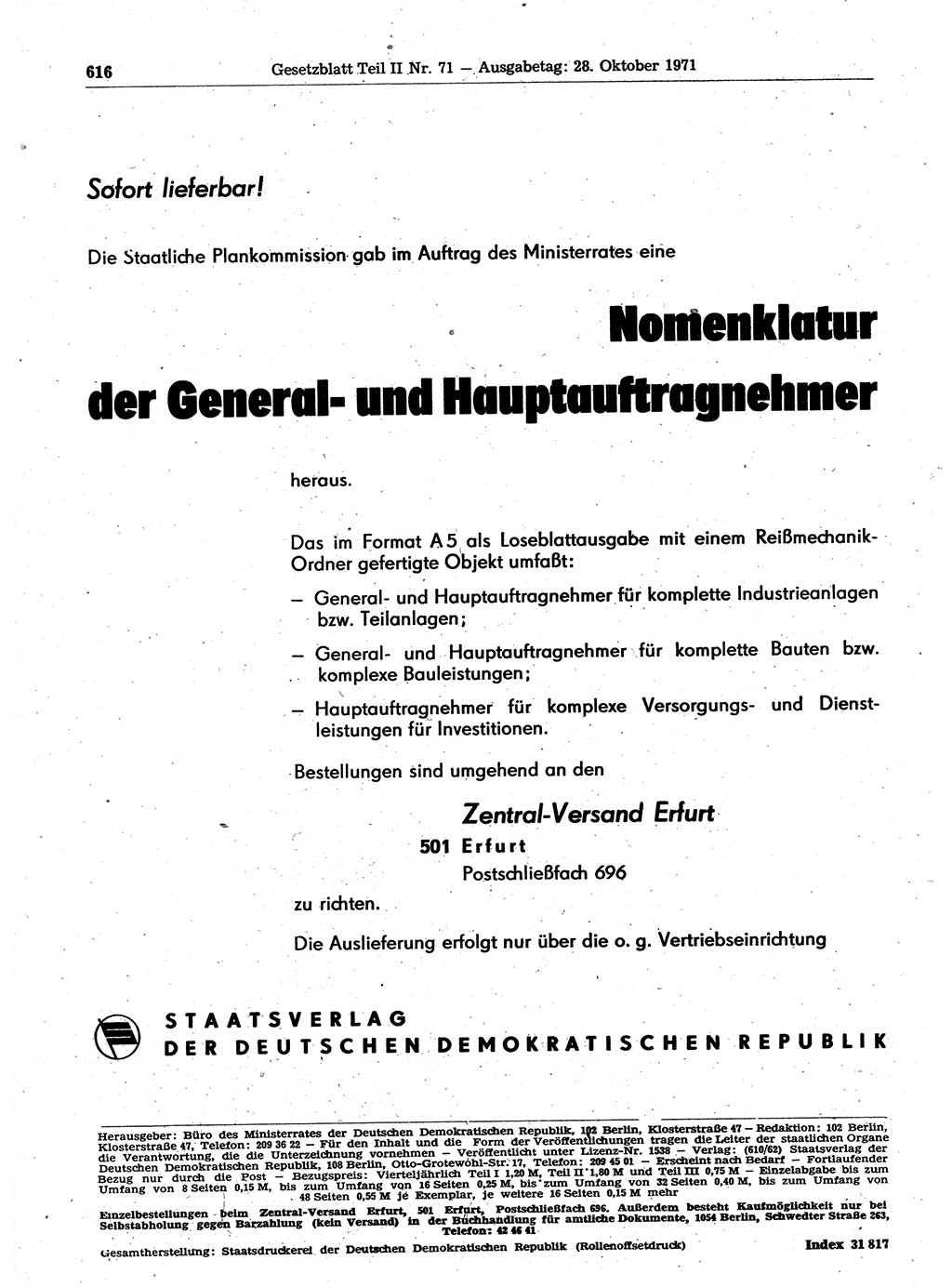 Gesetzblatt (GBl.) der Deutschen Demokratischen Republik (DDR) Teil ⅠⅠ 1971, Seite 616 (GBl. DDR ⅠⅠ 1971, S. 616)