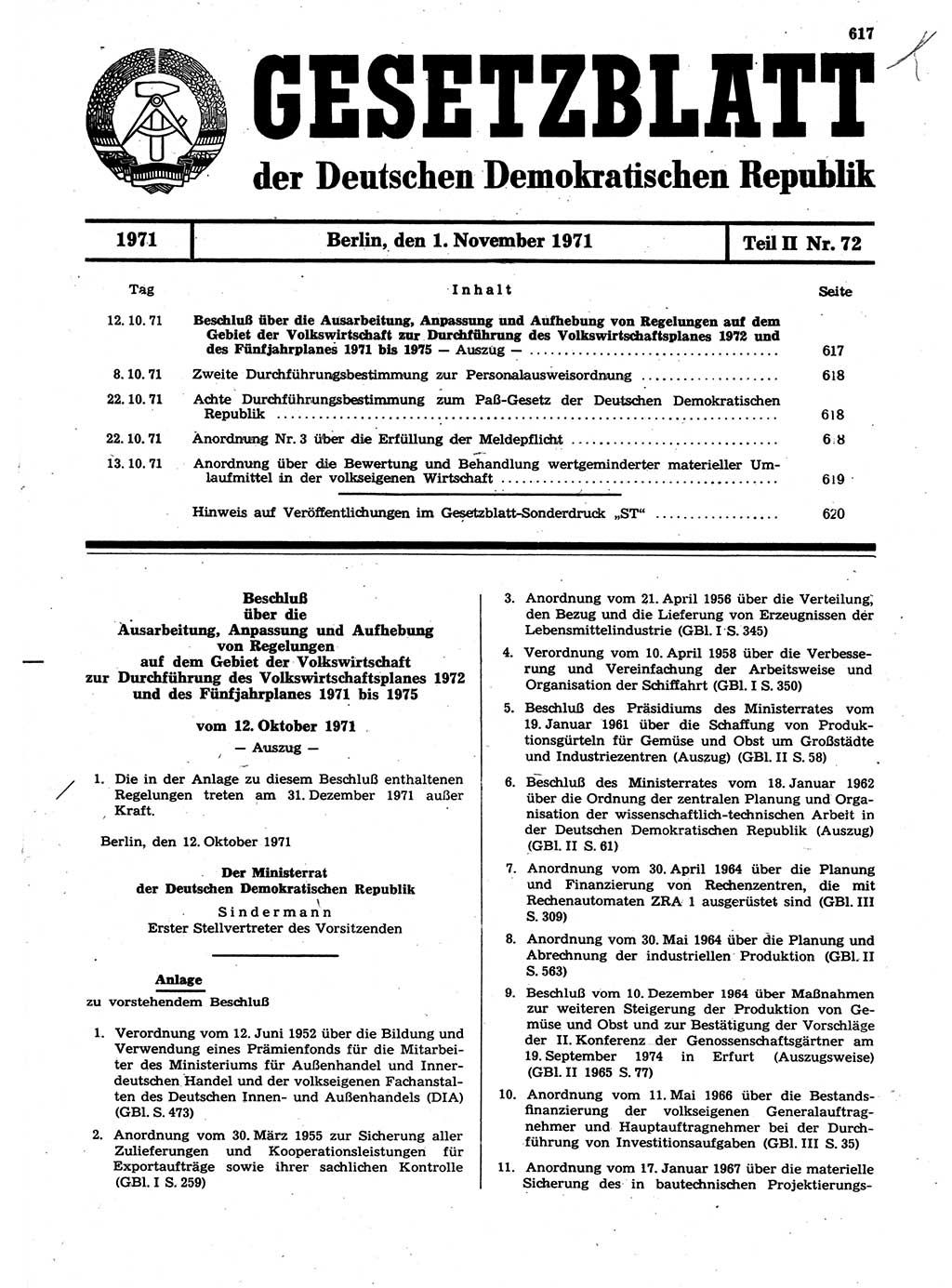 Gesetzblatt (GBl.) der Deutschen Demokratischen Republik (DDR) Teil ⅠⅠ 1971, Seite 617 (GBl. DDR ⅠⅠ 1971, S. 617)