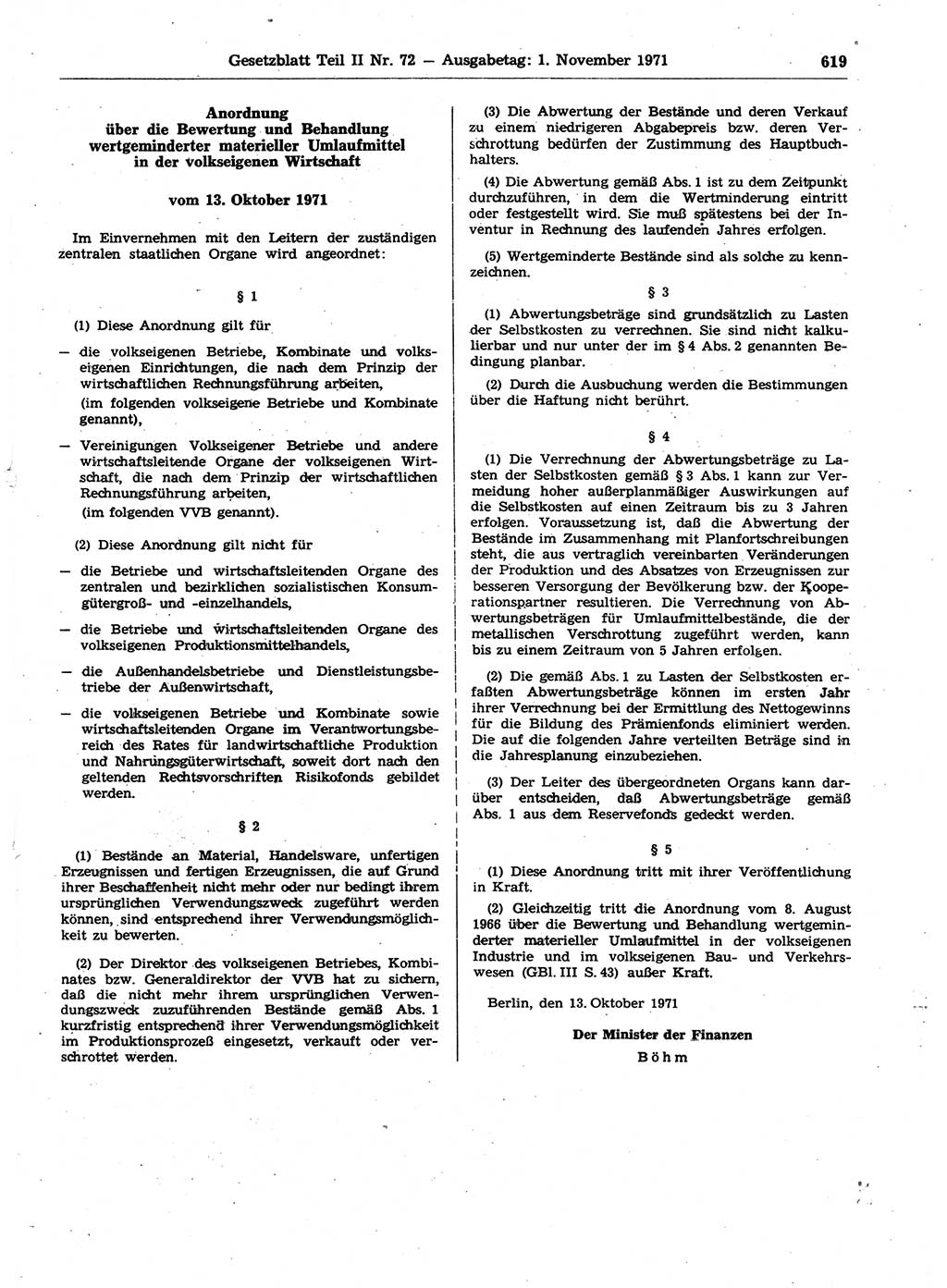 Gesetzblatt (GBl.) der Deutschen Demokratischen Republik (DDR) Teil ⅠⅠ 1971, Seite 619 (GBl. DDR ⅠⅠ 1971, S. 619)
