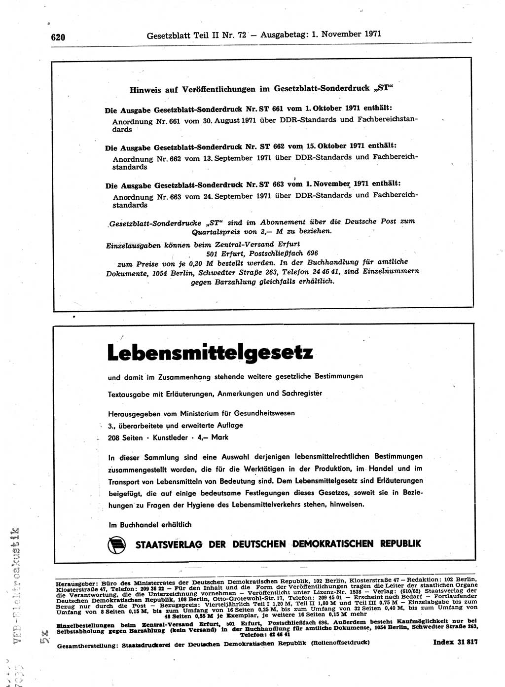 Gesetzblatt (GBl.) der Deutschen Demokratischen Republik (DDR) Teil ⅠⅠ 1971, Seite 620 (GBl. DDR ⅠⅠ 1971, S. 620)
