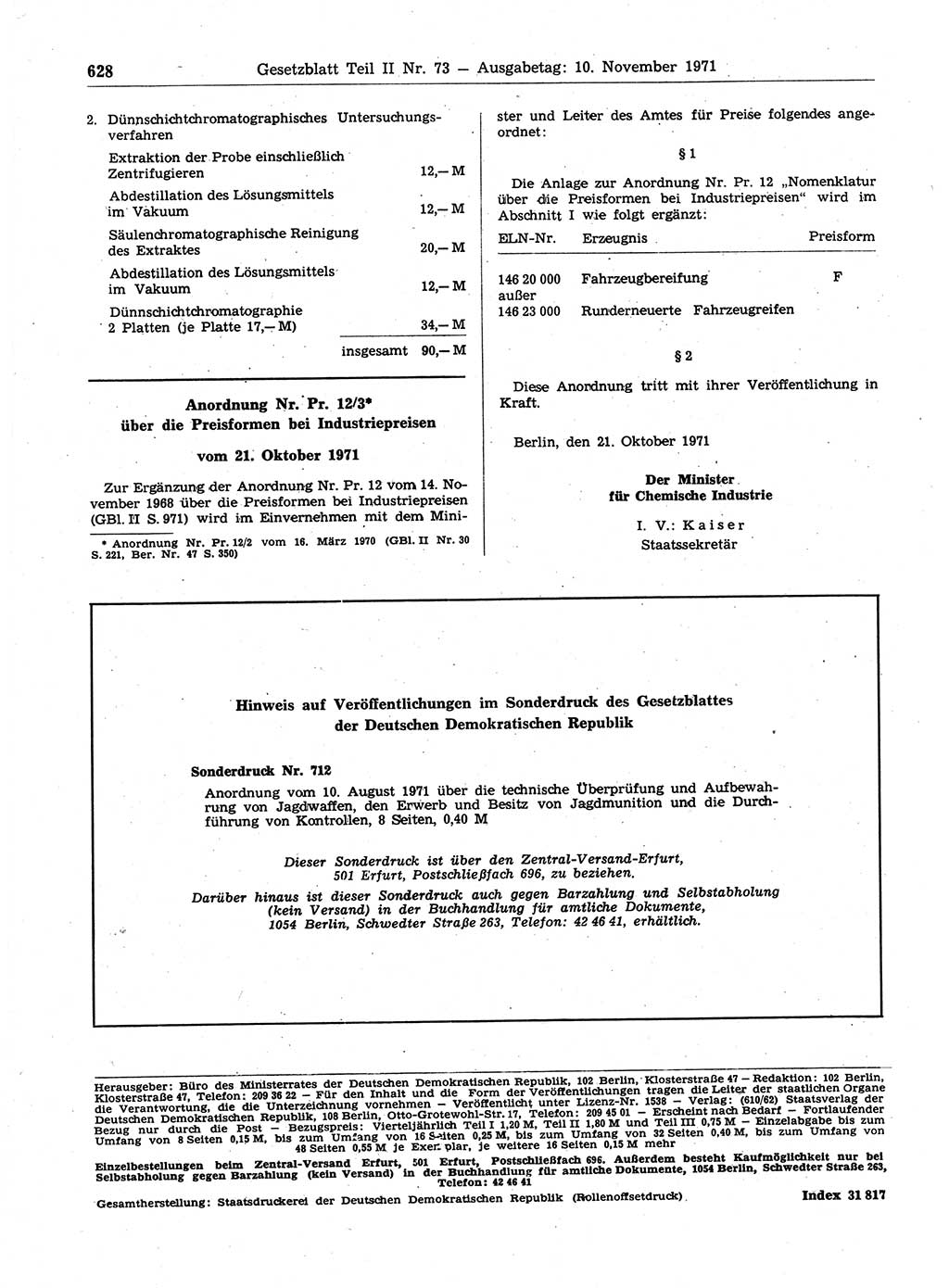 Gesetzblatt (GBl.) der Deutschen Demokratischen Republik (DDR) Teil ⅠⅠ 1971, Seite 628 (GBl. DDR ⅠⅠ 1971, S. 628)