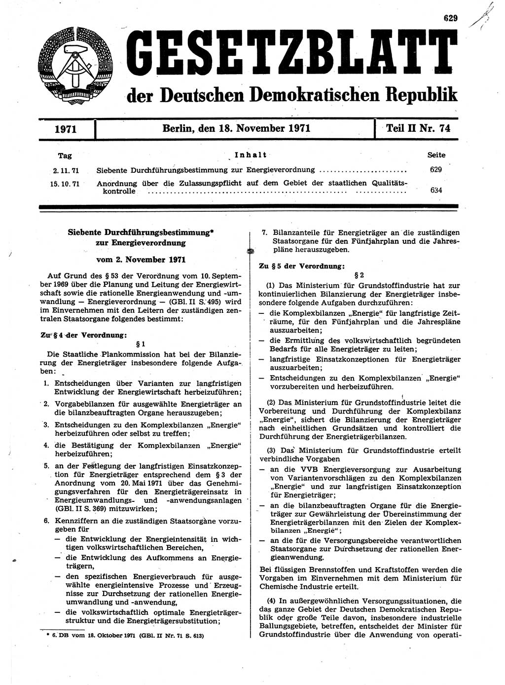 Gesetzblatt (GBl.) der Deutschen Demokratischen Republik (DDR) Teil ⅠⅠ 1971, Seite 629 (GBl. DDR ⅠⅠ 1971, S. 629)