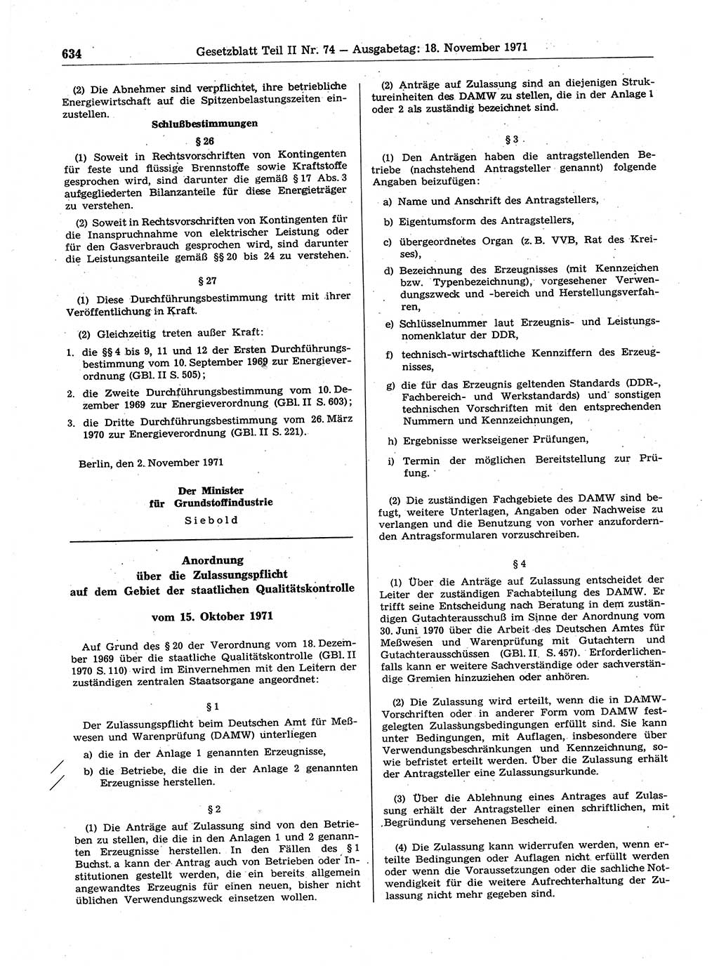 Gesetzblatt (GBl.) der Deutschen Demokratischen Republik (DDR) Teil ⅠⅠ 1971, Seite 634 (GBl. DDR ⅠⅠ 1971, S. 634)