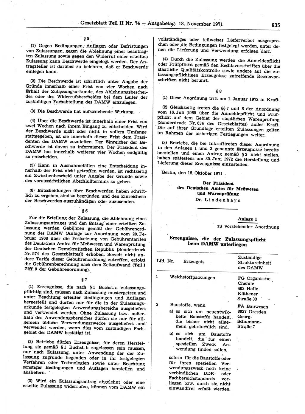 Gesetzblatt (GBl.) der Deutschen Demokratischen Republik (DDR) Teil ⅠⅠ 1971, Seite 635 (GBl. DDR ⅠⅠ 1971, S. 635)