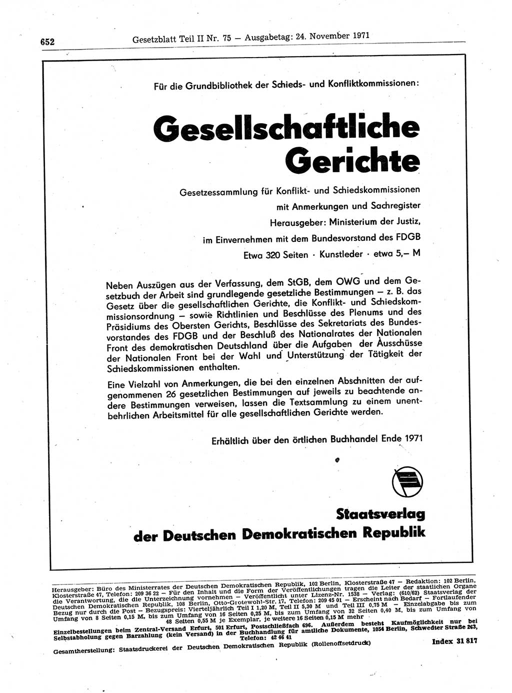 Gesetzblatt (GBl.) der Deutschen Demokratischen Republik (DDR) Teil ⅠⅠ 1971, Seite 652 (GBl. DDR ⅠⅠ 1971, S. 652)