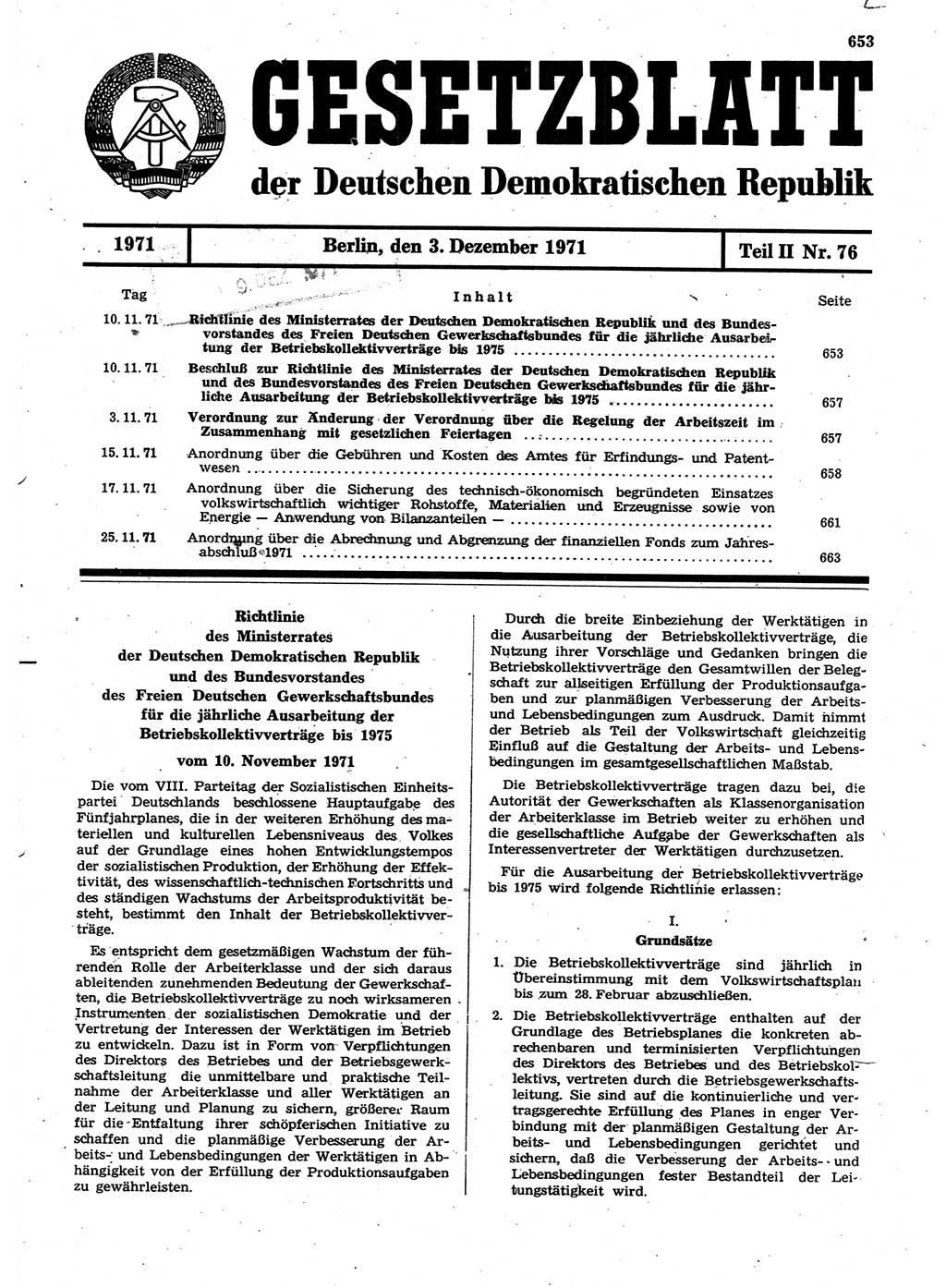 Gesetzblatt (GBl.) der Deutschen Demokratischen Republik (DDR) Teil ⅠⅠ 1971, Seite 653 (GBl. DDR ⅠⅠ 1971, S. 653)
