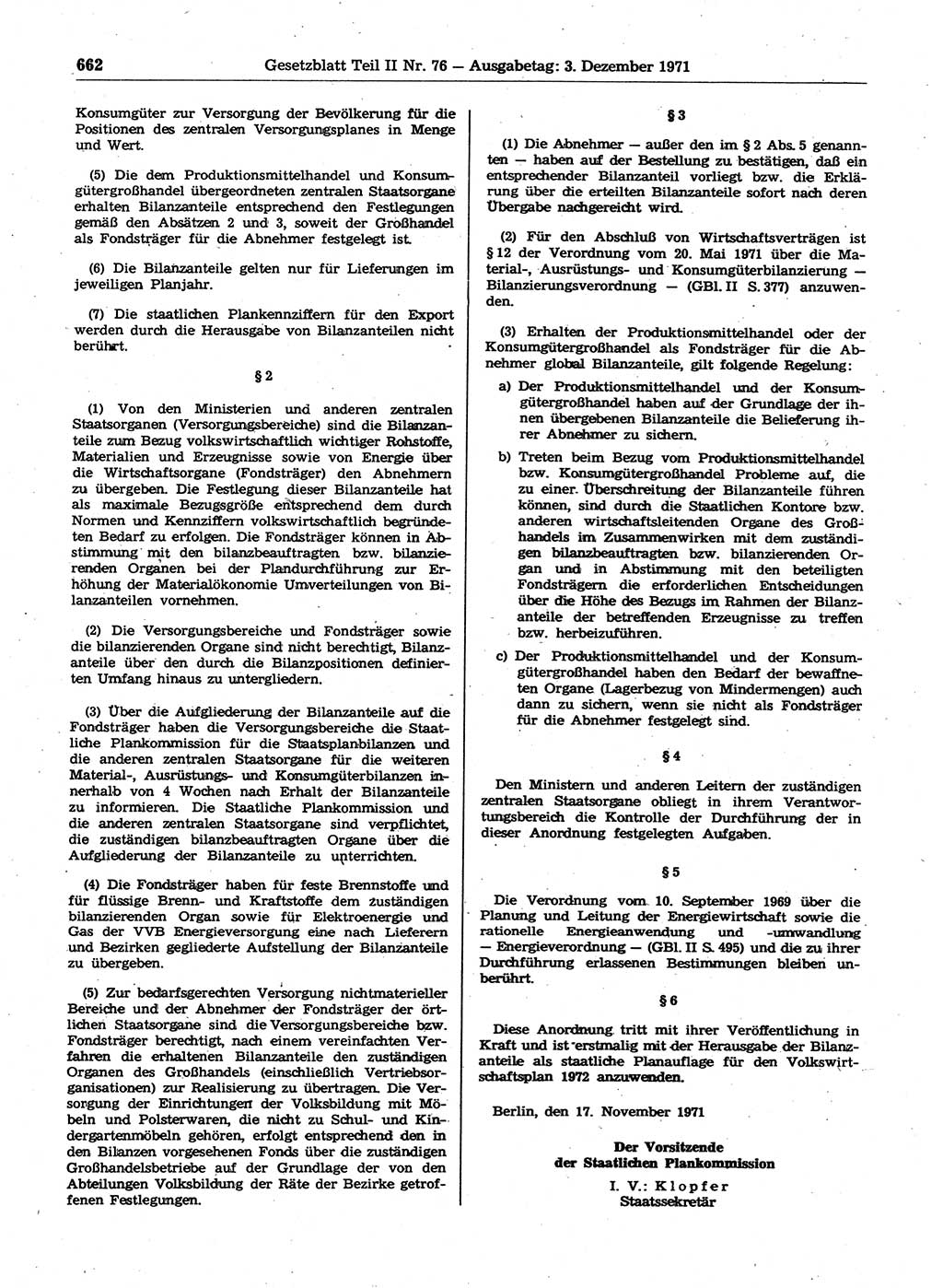 Gesetzblatt (GBl.) der Deutschen Demokratischen Republik (DDR) Teil ⅠⅠ 1971, Seite 662 (GBl. DDR ⅠⅠ 1971, S. 662)