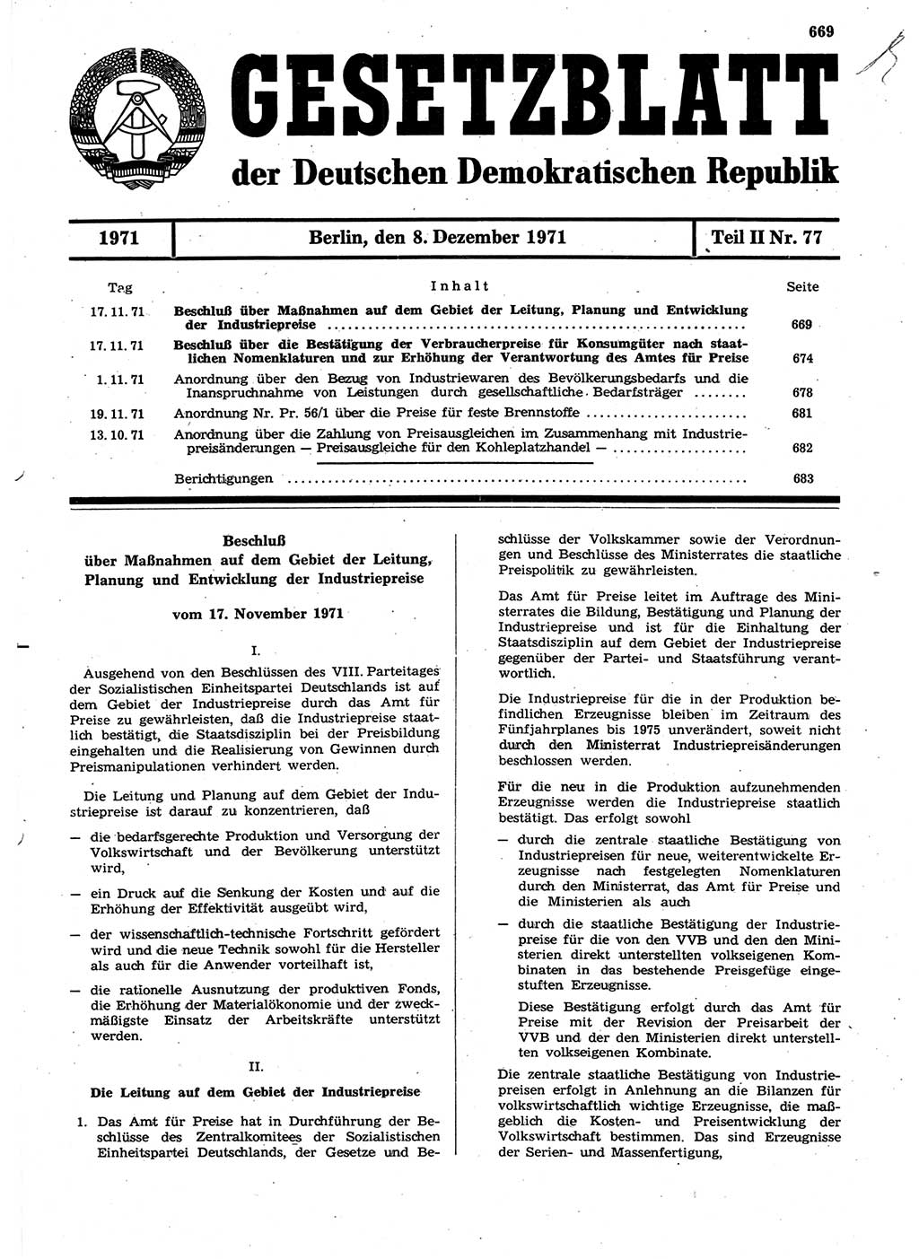 Gesetzblatt (GBl.) der Deutschen Demokratischen Republik (DDR) Teil ⅠⅠ 1971, Seite 669 (GBl. DDR ⅠⅠ 1971, S. 669)