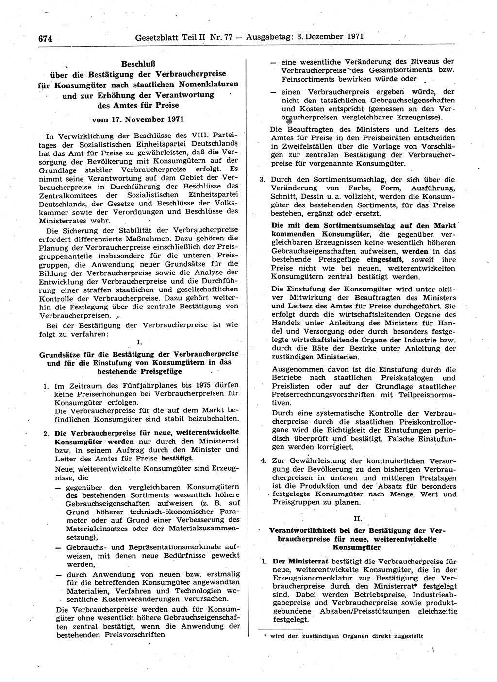 Gesetzblatt (GBl.) der Deutschen Demokratischen Republik (DDR) Teil ⅠⅠ 1971, Seite 674 (GBl. DDR ⅠⅠ 1971, S. 674)