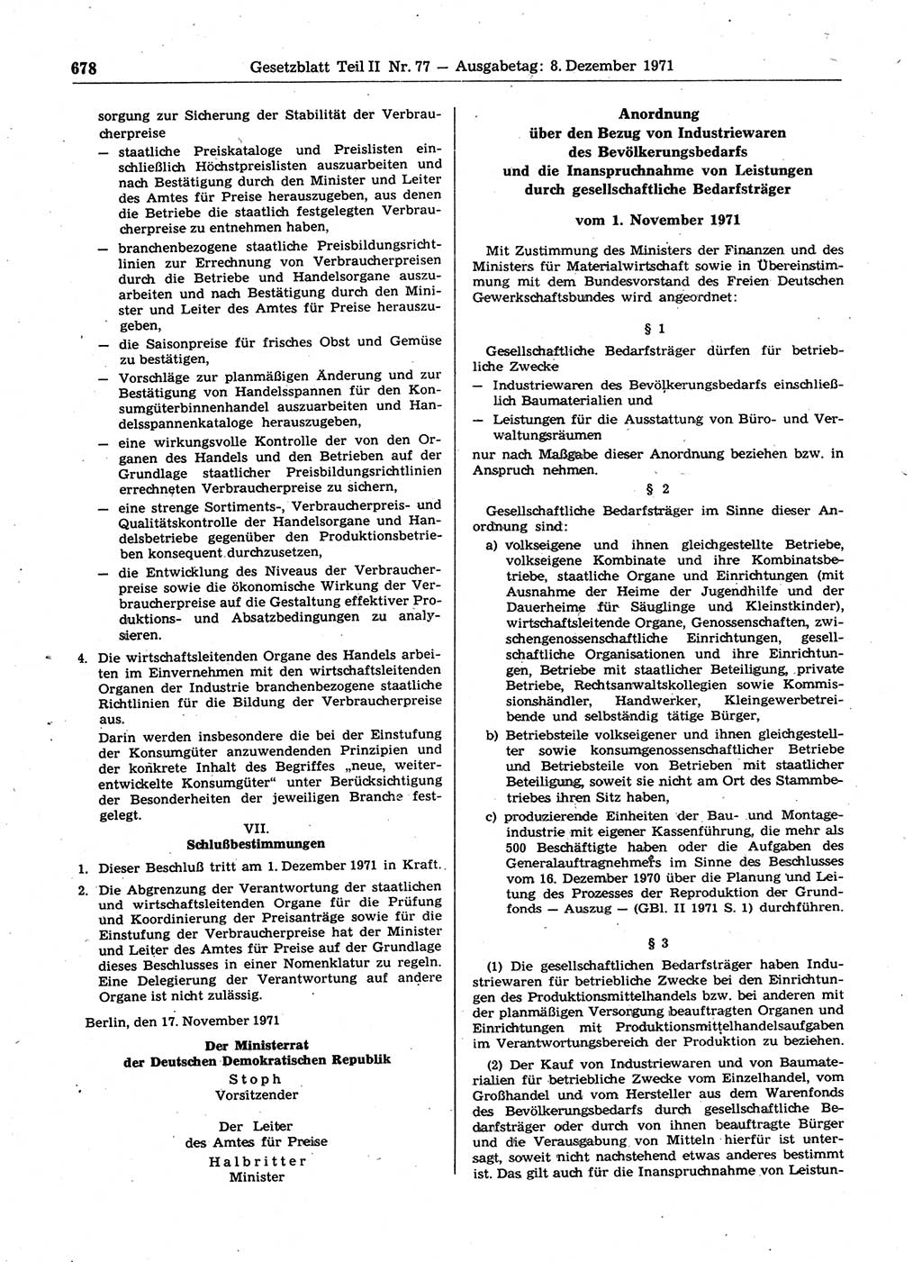 Gesetzblatt (GBl.) der Deutschen Demokratischen Republik (DDR) Teil ⅠⅠ 1971, Seite 678 (GBl. DDR ⅠⅠ 1971, S. 678)