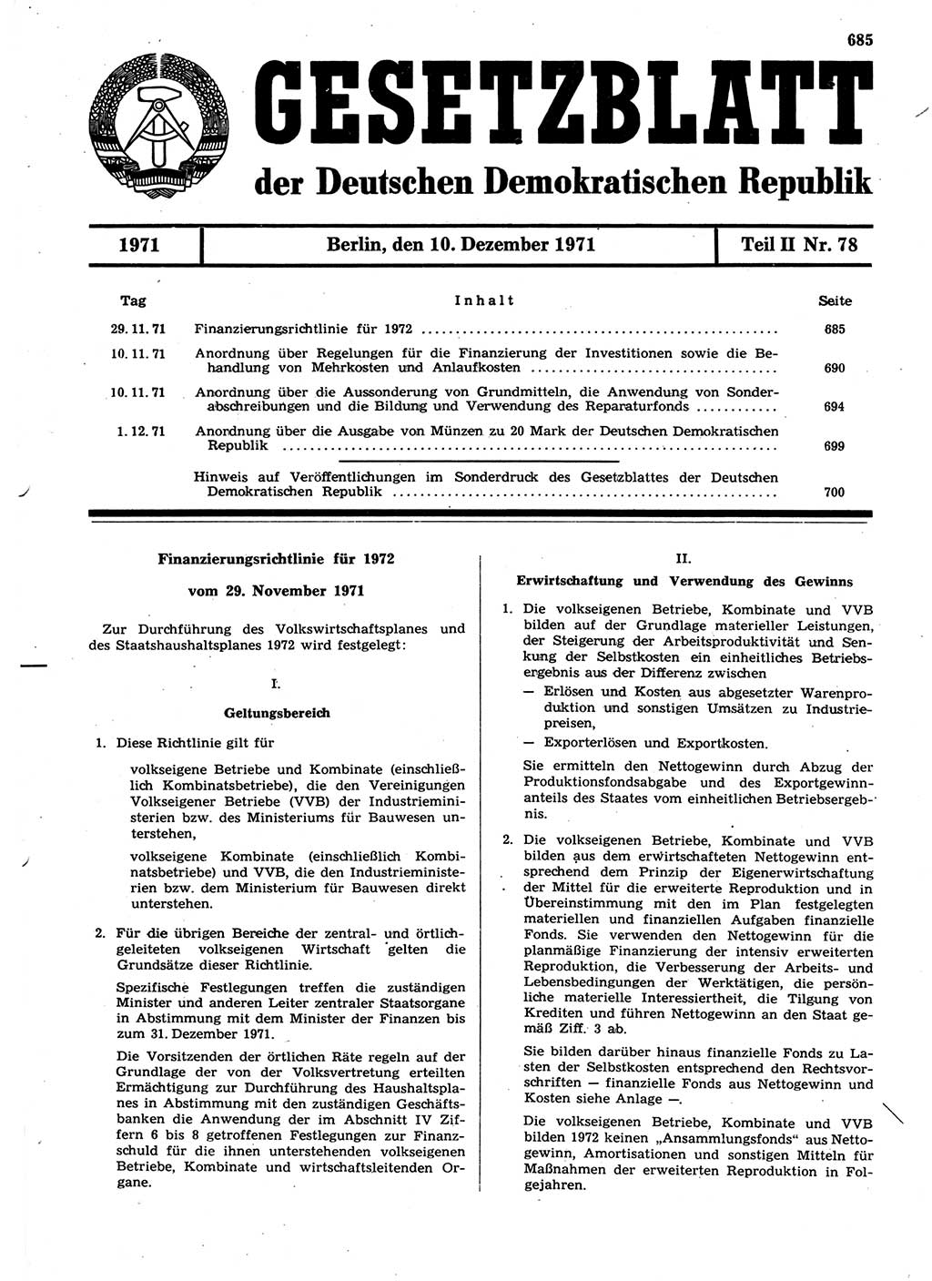 Gesetzblatt (GBl.) der Deutschen Demokratischen Republik (DDR) Teil ⅠⅠ 1971, Seite 685 (GBl. DDR ⅠⅠ 1971, S. 685)