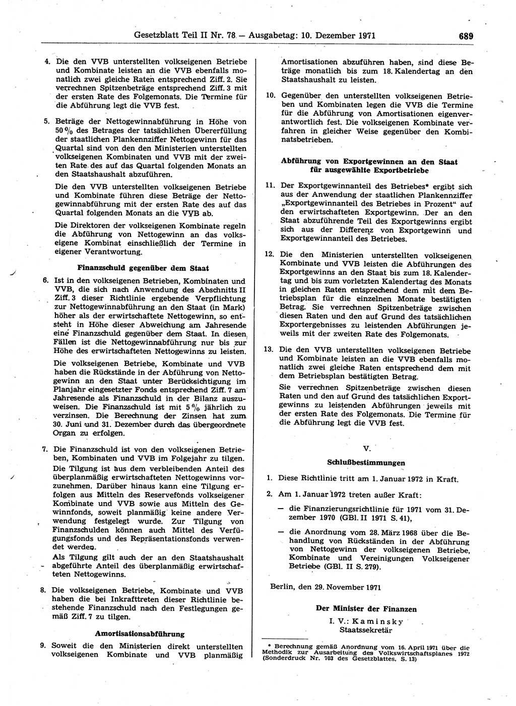 Gesetzblatt (GBl.) der Deutschen Demokratischen Republik (DDR) Teil ⅠⅠ 1971, Seite 689 (GBl. DDR ⅠⅠ 1971, S. 689)