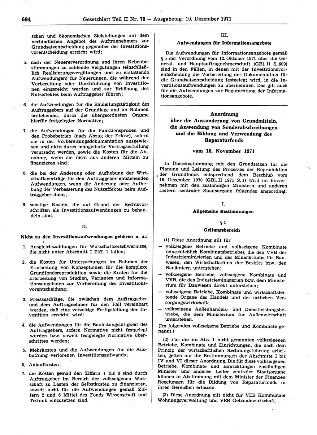 Gesetzblatt (GBl.) der Deutschen Demokratischen Republik (DDR) Teil ⅠⅠ 1971, Seite 694 (GBl. DDR ⅠⅠ 1971, S. 694)