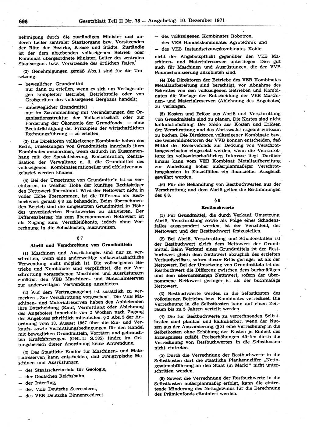 Gesetzblatt (GBl.) der Deutschen Demokratischen Republik (DDR) Teil ⅠⅠ 1971, Seite 696 (GBl. DDR ⅠⅠ 1971, S. 696)