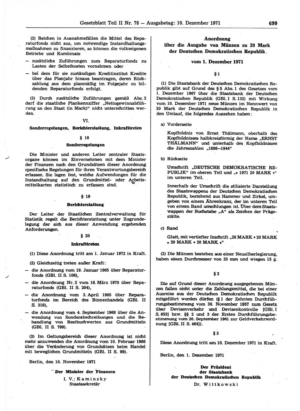 Gesetzblatt (GBl.) der Deutschen Demokratischen Republik (DDR) Teil ⅠⅠ 1971, Seite 699 (GBl. DDR ⅠⅠ 1971, S. 699)