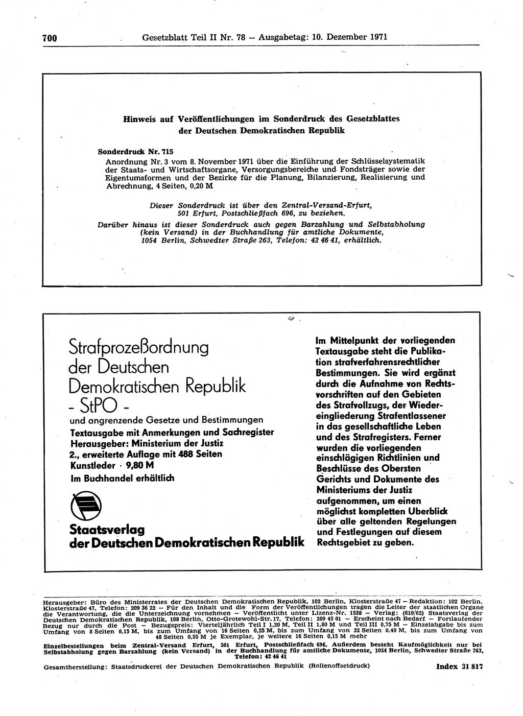 Gesetzblatt (GBl.) der Deutschen Demokratischen Republik (DDR) Teil ⅠⅠ 1971, Seite 700 (GBl. DDR ⅠⅠ 1971, S. 700)
