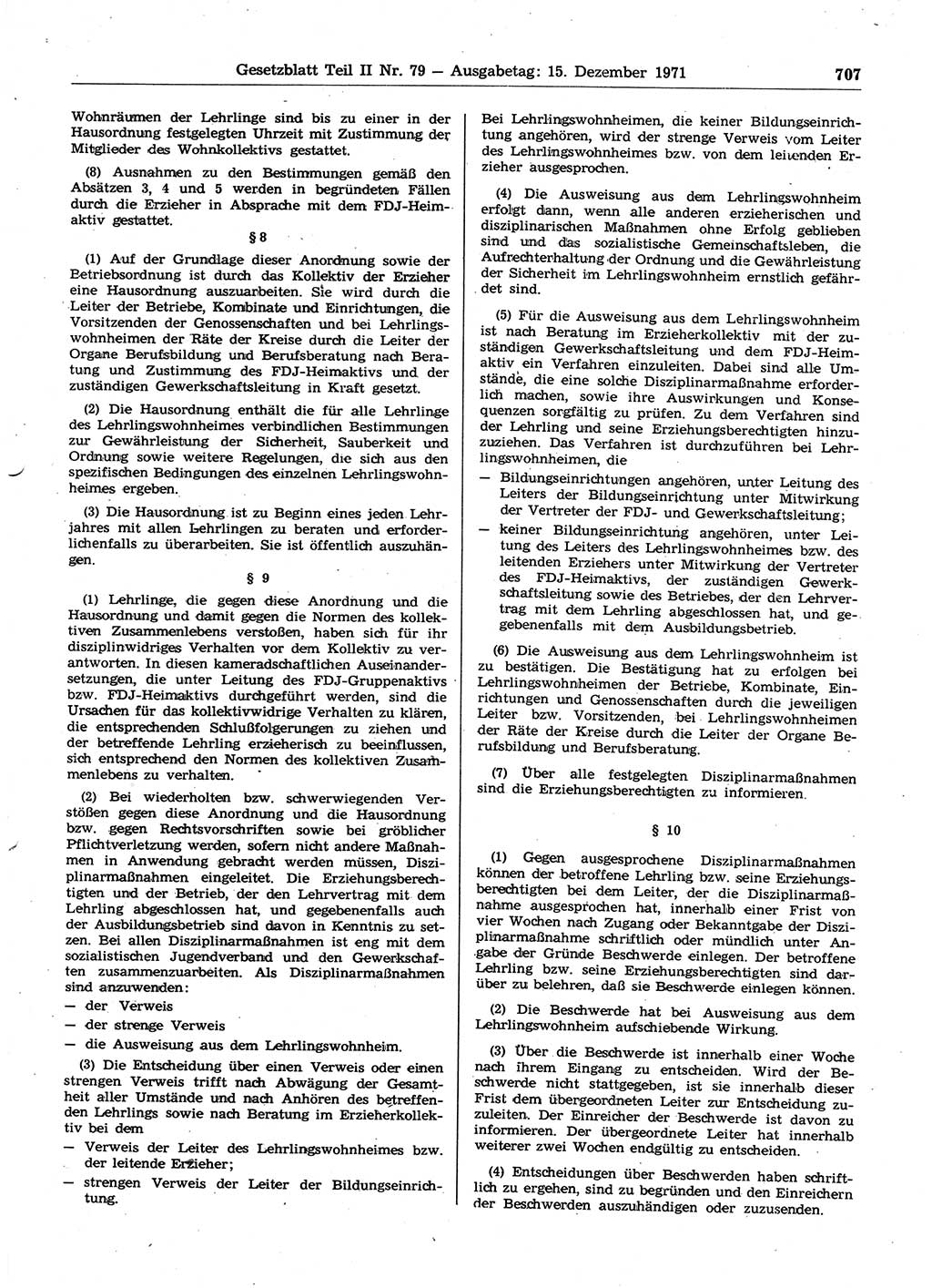 Gesetzblatt (GBl.) der Deutschen Demokratischen Republik (DDR) Teil ⅠⅠ 1971, Seite 707 (GBl. DDR ⅠⅠ 1971, S. 707)