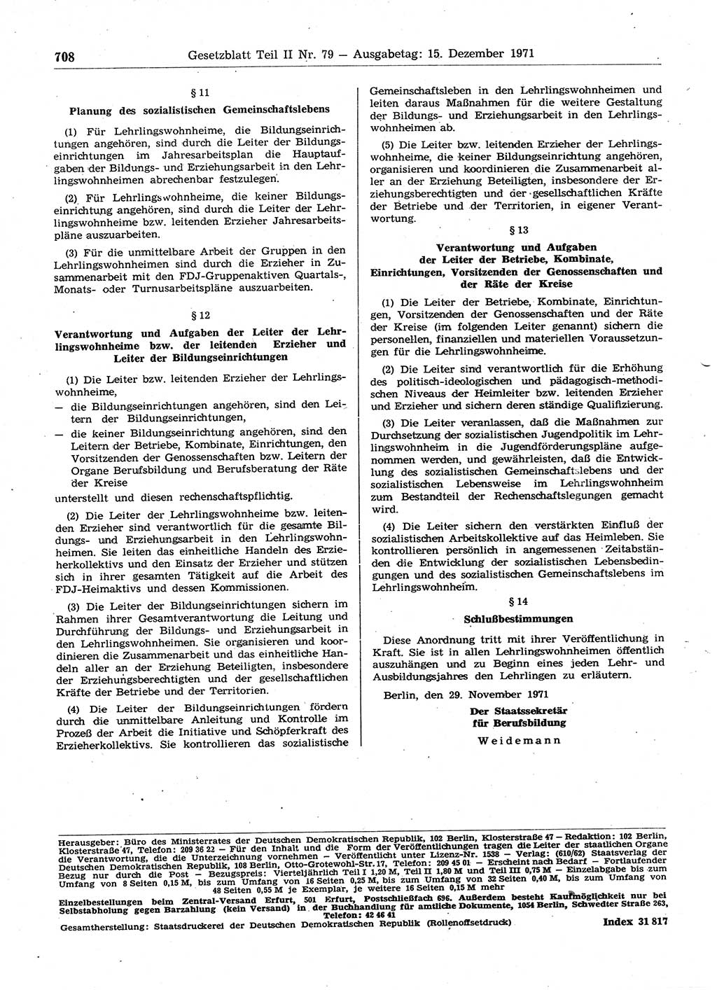 Gesetzblatt (GBl.) der Deutschen Demokratischen Republik (DDR) Teil ⅠⅠ 1971, Seite 708 (GBl. DDR ⅠⅠ 1971, S. 708)