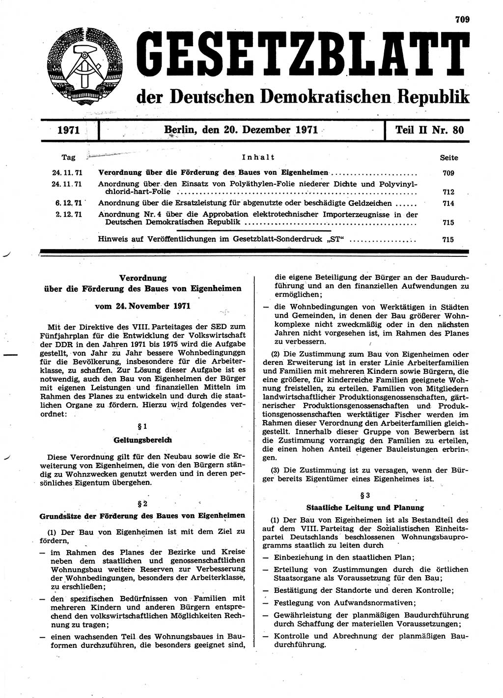 Gesetzblatt (GBl.) der Deutschen Demokratischen Republik (DDR) Teil ⅠⅠ 1971, Seite 709 (GBl. DDR ⅠⅠ 1971, S. 709)