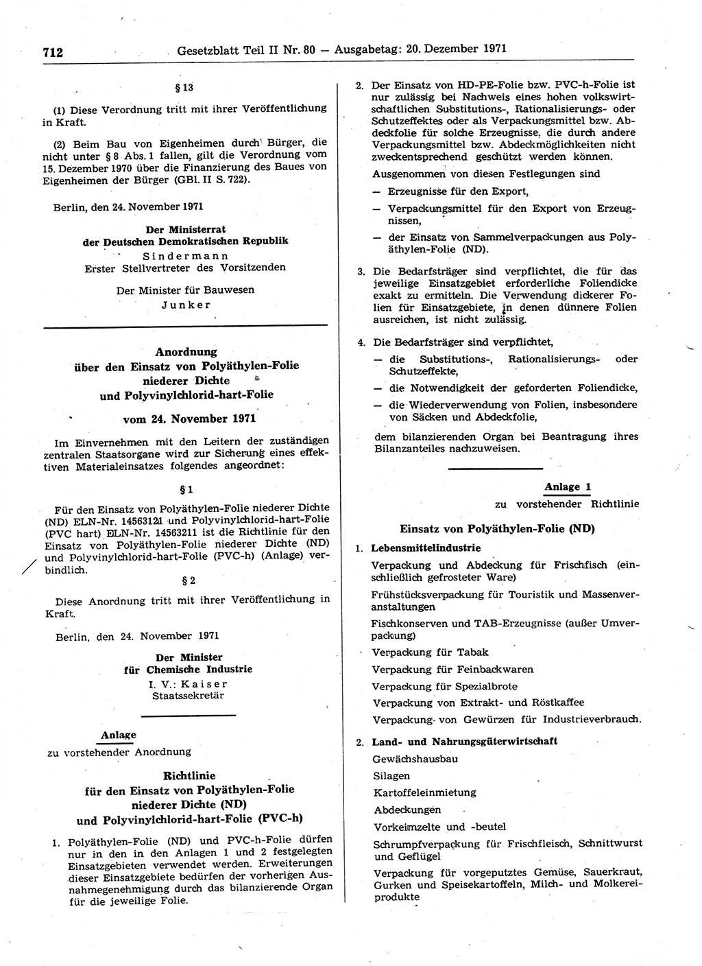 Gesetzblatt (GBl.) der Deutschen Demokratischen Republik (DDR) Teil ⅠⅠ 1971, Seite 712 (GBl. DDR ⅠⅠ 1971, S. 712)